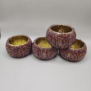 Set Of 4 Napkin Rings Gold Purple Beads Bohemian